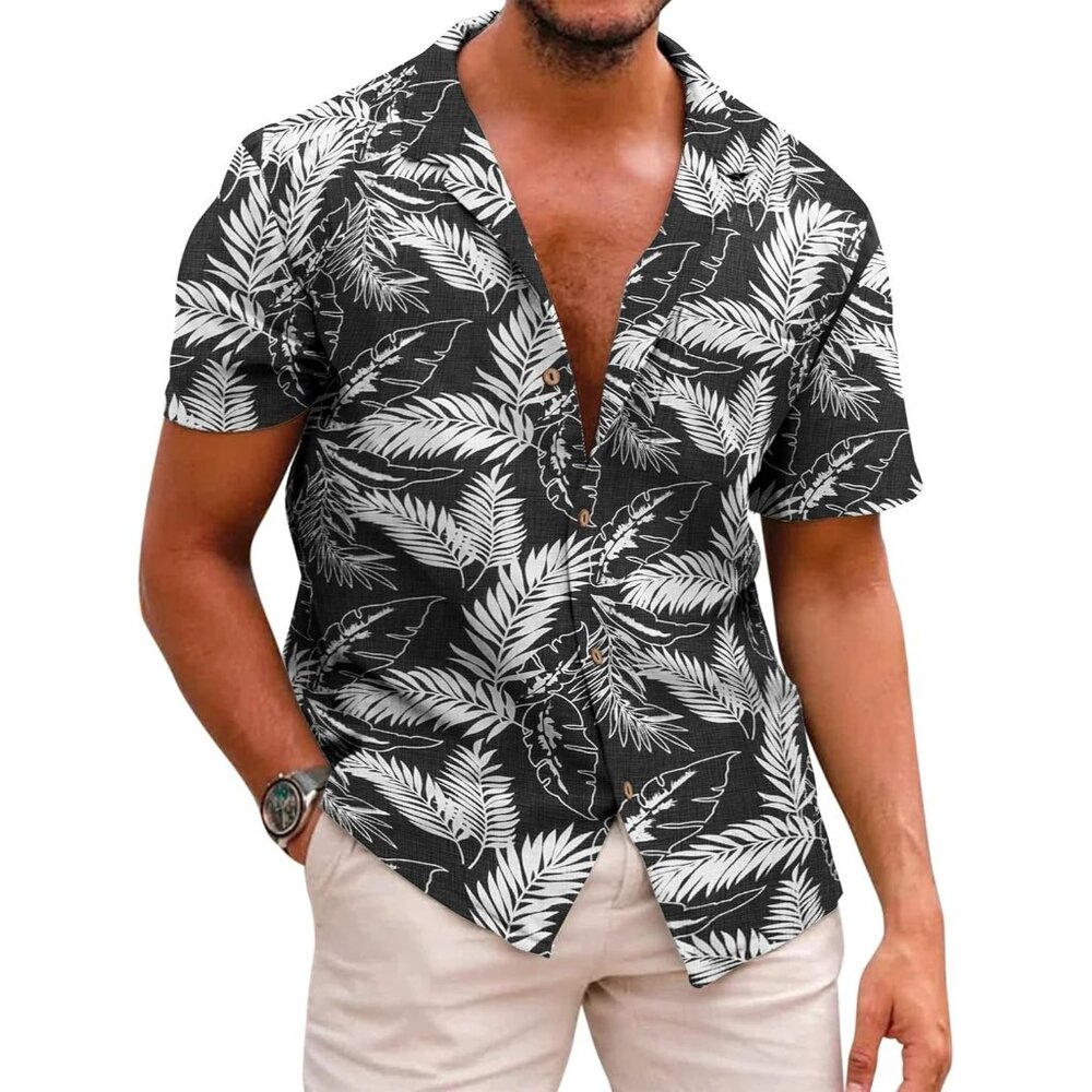 Men's Black Hawaiian Floral Shirt Cotton Linen Button Down Tropical Beach Shirt